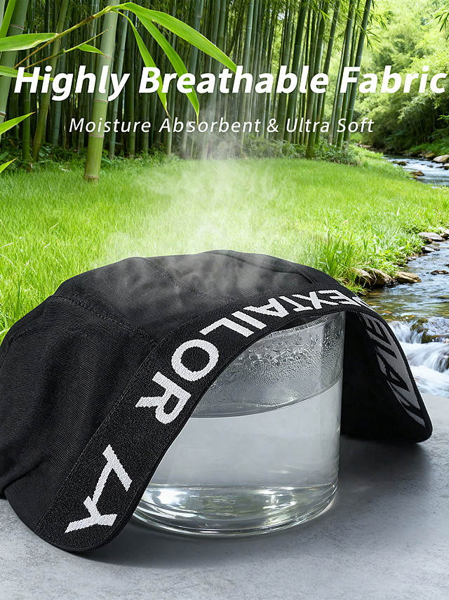 将原图片的背景更换为与竹子元素相关的清新自然背景，保持黑色帽子和原产品文字内容完全不变，整体看起来舒适合理，自然透气，风格清新干净，保留原图片中的蒸汽效果