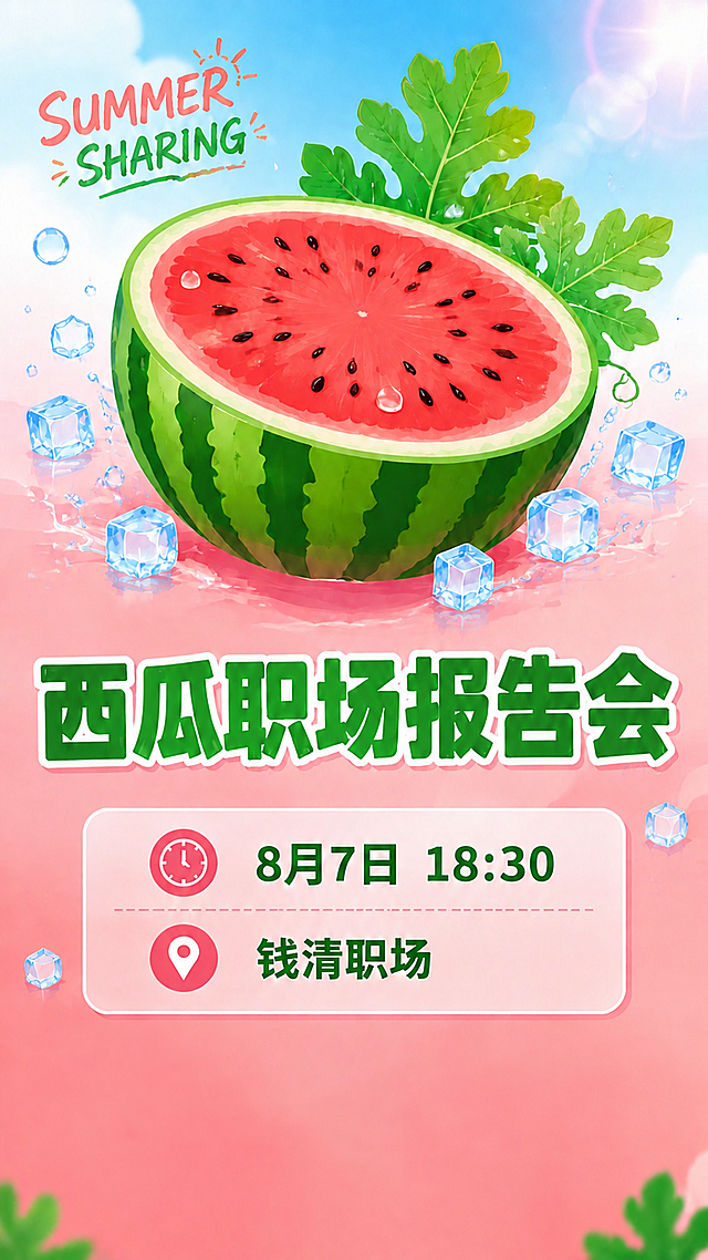 基于这张海报，删除底部的二维码占位区域和"一起来吃瓜"按钮，其余内容保持不变。画面底部保持干净简洁，保留时间和地点信息卡片，整体构图平衡美观。夏天清新风格，西瓜主题插画，扁平插画风格。