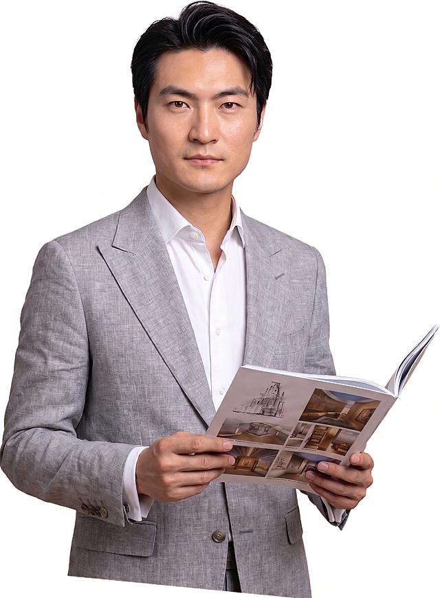将第一张图人物的姿势和头部角度调整为第二张图的姿势和角度，保持第一张图的灰色西装白色内搭、人物脸部、发型和手持画册不变