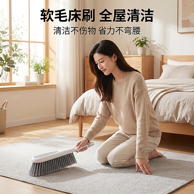 [主图 1] 漂亮家庭妇女使用除尘刷清扫地垫场景首图。
[氛围风格] 温馨干净明亮的居家日用风格
[画质] 商业摄影质感、光线柔和通透、产品清晰真实、画面干净高级。
[元素] 干净整洁的卧室地面，铺设浅灰色编织地垫，一位穿着简约家居服的漂亮家庭妇女，正手持这款除尘刷清扫地垫表面。除尘刷产品在画面中清晰展示，产品主体占比约70%。保持这款除尘刷外观（物理结构、材质质感、颜色）与输入产品图绝对一致，杜绝任何变形和色差，精细化处理。画面满屏无边框。
[光影] 明亮的自然光从侧面窗户照射进来，整体光线均匀柔和，产品轮廓清晰，地垫有自然的纹理光影，阴影柔和不突兀。
[配色] 整体浅暖米色调，以居家浅木色和浅灰色为主，产品白色和灰色与环境自然融合。
[视角构图] 平视视角，景深适中，产品和使用场景为视觉中心，画面干净饱满。
[文字版式] 顶部负空间居中对齐，主标题“软毛床刷 全屋清洁”，使用微软雅黑字体，黑色粗体大字号；副标题“清洁不伤物 省力不弯腰”，使用思源宋体中粗字体，黑色小一号字号，颜色一致，文字不遮挡主体。
[比例分辨率] 1:1 比例，2k 分辨率，文字清晰可辨，超高清。
[负向提示词] 变形，水印，文字错乱，产品图模糊，背景杂乱，遮挡主体，改变产品本身形状颜色结构