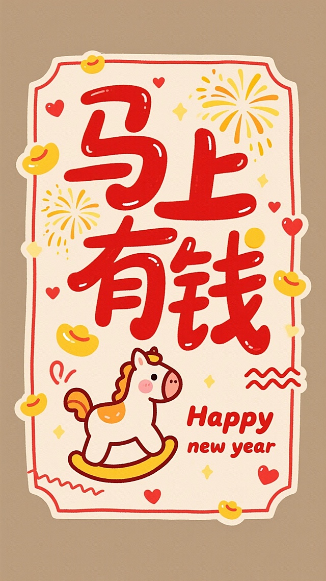 画面中心是红色艺术字“马上有钱”，边框点缀黄色烟花图案、卡通小马简笔画，文字“Happy new year” ，搭配波浪线、爱心的可爱装饰元素，以暖米色为底色，红色为主装饰色