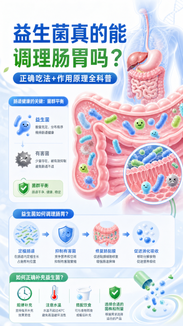 益生菌科普插画，展示人体肠胃内部益生菌和有害菌群平衡状态，干净健康的肠道环境，清晰明亮的医疗科普风格，配有标题"益生菌真的能调理肠胃吗？正确吃法+作用原理全科普"，画面包含肠道结构示意图和益生菌，风格预览效果