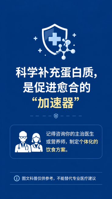 医学科普糖尿病足图文第7页底部引导页，背景简洁深蓝色纯色底图，配医疗图标，文案：科学补充蛋白质，是促进愈合的"加速器"，记得咨询你的主治医生或营养师，制定个体化的饮食方案，底部标注图文科普仅供参考，不预览效果