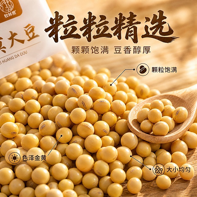 [主图-3] 东北黄大豆细节微距图，展示黄豆颗粒饱满度与品质细节。
[统一基调] 抖音食品粮油风格，自然暖阳逆光，暖木色与米黄色为主色调，主标题用粗笔刷书法字深棕色，辅助文案用清爽黑体浅棕色，强调字用朱红印章样式，整体温暖质朴有食欲感。
[画面] 画面中央微距特写一堆金黄饱满的黄豆颗粒，清晰展示每颗黄豆的圆润形态、光滑表皮和金黄色泽，颗粒大小均匀。旁边放一把木质小勺子，勺中盛有几颗黄豆。背景虚化的暖木色桌面，左上角露出一小部分牧林熊黄豆包装袋的标签角。用极细的引线指向黄豆颗粒，标注"颗粒饱满"、"色泽金黄"、"大小均匀"三个细节点。
[光影质感] 自然暖阳侧逆光，黄豆颗粒表面呈现柔和的高光和通透的金黄质感，颗粒之间有自然的阴影层次，微距质感清晰，体现杂粮的天然品质。
[配色] 主色金黄、暖棕、米白，标题字深棕，辅助字浅棕，引线和标注字深棕色，背景暖木色虚化。
[文字版式] 上方主标题粗笔刷书法"粒粒精选"深棕色，下方辅助文案"颗颗饱满 豆香醇厚"浅棕色黑体。三个细节标注用细线引出，配小图标和简短文字。文字放在画面上方和周围负空间，不遮挡主体黄豆。
[输出要求] 1:1正方形，2K高清，微距细节清晰，黄豆颗粒质感真实，文字清晰可读，无变形错字，无水印无平台Logo。禁止模糊、杂乱、颜色失真。