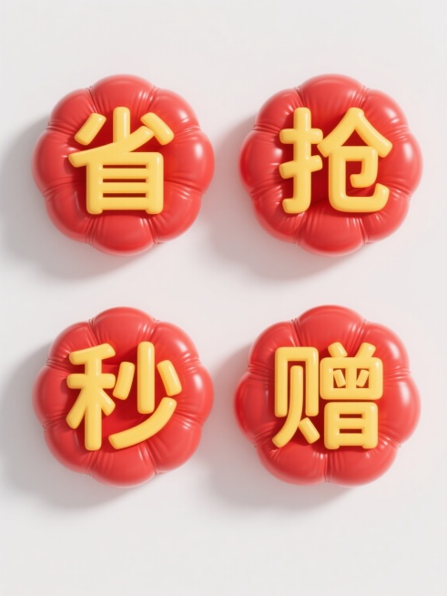 一组4个不同配色规整排布的3D促销素材，每个素材包含膨胀效果的艺术字，字体圆润饱满，材质光滑且有光泽，保留充气后的自然褶皱，呈现出强烈的充气立体感，纯白色背景，文案分别为“省”、“抢”、“秒”、“赠”，整体风格统一，光影柔和，高光清晰，色彩鲜明，具有现代促销设计感，单个素材以红色气泡状背景衬托黄色立体文字“首”，文字边缘光滑圆润，表面有明显的高光反射，气泡边缘有自然的充气褶皱，整体呈现出柔软Q……预览效果