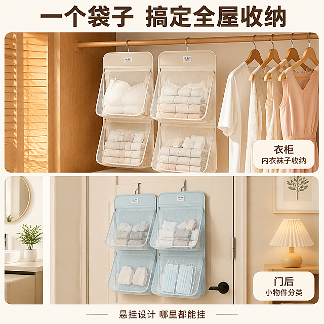 [主图-4] 收纳袋多场景使用方案宫格图
[氛围风格] 全屋收纳解决方案感，温馨家居生活场景
[画质] 商业摄影质感、各场景光线统一、产品清晰真实、画面干净高级
[元素] 画面分为上下两个宫格场景展示。上半部分：卧室衣柜内，米色收纳袋挂在衣柜横杆上，旁边挂着衬衫裙子，展示衣柜内衣收纳场景。下半部分：玄关衣柜或浴室门后，浅蓝色收纳袋挂在门后挂钩上，收纳袜子、口罩、小物件，展示多场景适配。两个场景中的收纳袋外观结构均与产品图一致。**保持两个场景中收纳袋的外观（物理结构、材质质感、颜色、挂扣、拉链）与输入产品图完全一致，杜绝任何变形和色差，精细化处理**。每个场景收纳袋占比适中，场景丰富不杂乱。
[光影] 统一暖调自然光，每个场景光线方向一致，整体明亮温馨，阴影柔和
[配色] 主色米白+浅木+浅蓝；辅色暖黄灯光点缀
[视角构图] 上下两宫格布局，每格独立场景，收纳袋都是各自场景的视觉中心，宫格间有细白边分隔
[文字版式] 顶部通栏大字主标题"一个袋子 搞定全屋收纳"，深棕色粗体无衬线居中。每个宫格右下角配小标签文字：上格「衣柜 内衣袜子收纳」，下格「门后 小物件分类」。底部小字辅助说明"悬挂设计 哪里都能挂"。文字清晰可读不遮挡主体
[输出要求] 1:1比例，文字清晰锐利，超高清商业摄影质感
[负向提示词] 变形，文字错乱，产品图模糊，背景杂乱，水印，电商平台Logo，收纳袋悬浮，场景穿模