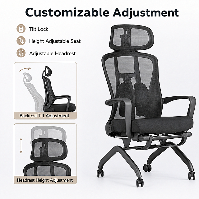 [Main image 6] Adjustable function demonstration of black mesh office chair. Use two picture-in-pictures to show the adjustment of backrest tilt and headrest height, with thin arrows indicating the direction of adjustment. Main title "Customizable Adjustment", and 3 bullet points on the left side: "Tilt Lock", "Height Adjustable Seat", "Adjustable Headrest". Background simple light tone, consistent style with the whole set, product details consistent with original image, all text English, 1:1 square 4K.