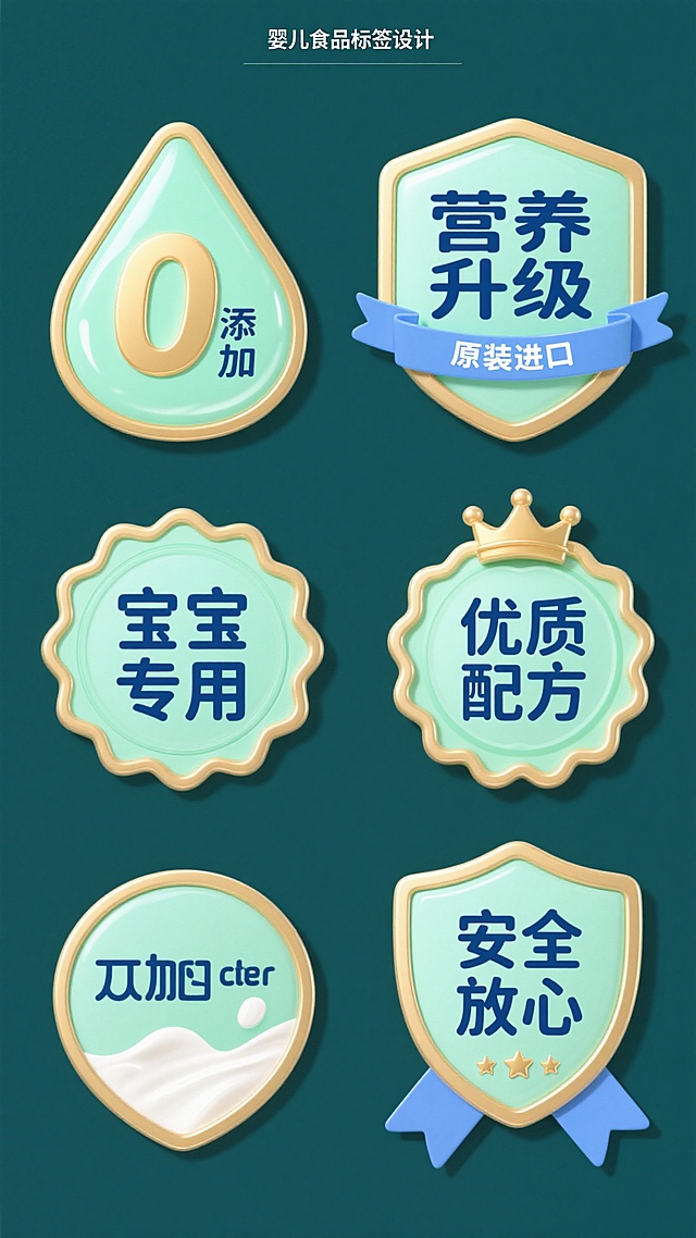 六个不同形状的婴儿食品标签设计，标签采用水滴形、六边形、盾形等立体造型，每个标签边缘有金色描边，内部填充清新的浅绿色，文字为深蓝色加粗字体，标签表面有细腻的光泽感和轻微的液体流动纹理，“0添加”标签为六边形浅绿色底金色数字，“营养升级”标签为水滴形浅绿色底环绕蓝色飘带，“原装进口”标签为不规则圆形浅绿色底带金色波浪边框，“宝宝专用”标签为圆形浅绿色底顶部金色小皇冠，“优质配方”标签为圆形浅绿色底底部有白色牛奶波纹，“安全放心”标签为盾形浅绿色底底部蓝色丝带和五颗星星，整体风格清新、纯净、充满自然健康感，排版简洁清晰，突出产品核心卖点，适合婴儿食品包装使用。