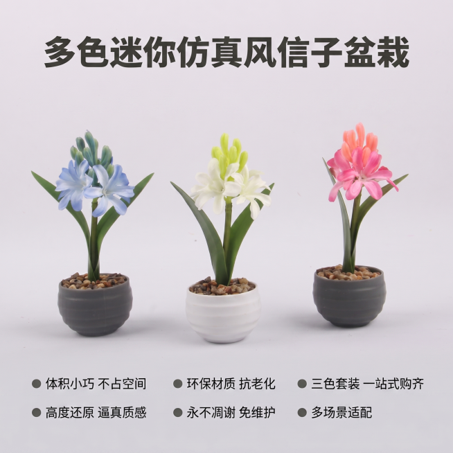 [主图 10] 核心卖点汇总展示图。
[氛围风格] 清晰直观，信息全面；
[画质] 商业设计摄影结合，清晰干净，高级简约。
[元素] 三盆彩色风信子盆栽放在画面偏上位置，保持产品颜色外观与输入原图一致预览效果