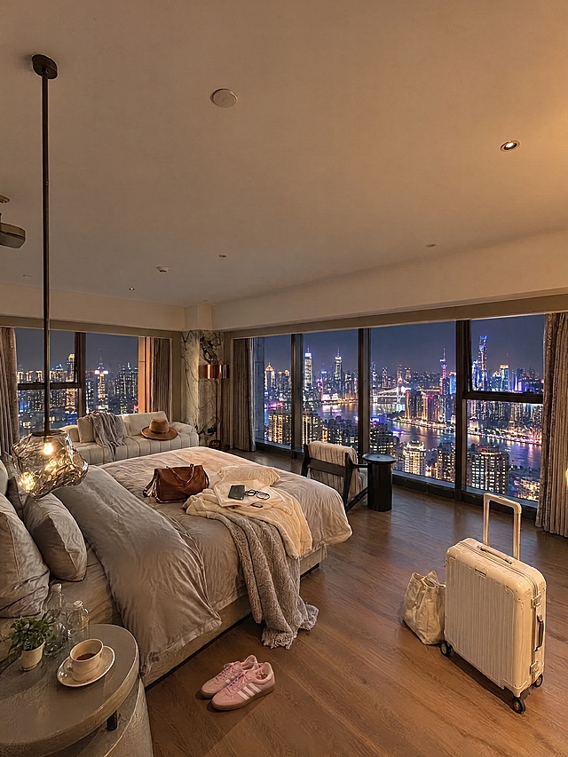 在窗外的城市建筑上加入更多灯光，呈现现代摩登的都市夜景氛围。在床边的地板上放置一双阿迪达斯粉色德训鞋。严格保持原图其余所有区域100%完整不变，不得修改任何家具、床铺、吊灯、行李箱、包包、衣物、地板、墙面、天花板、沙发、椅子等所有原有室内元素。整体画面提升清晰度，追求真实实拍照片质感，杜绝AI失真感。窗外建筑灯光要真实自然，与城市景观融合；新增的鞋子光影要与室内暖光环境一致，投影自然真实，不能出现多余光斑、异常纹理。