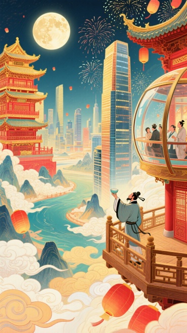 一侧，古代木质观景台，古代文人聚此，举着酒樽、凭栏望圆月、山河；另一侧，现代摩天楼高空观景舱，现代游客透过全景玻璃，赏烟花，背景古楼阁与城市高楼相融合，明月照。整体画面充斥着华丽的金色和喜庆的红色，奇预览效果