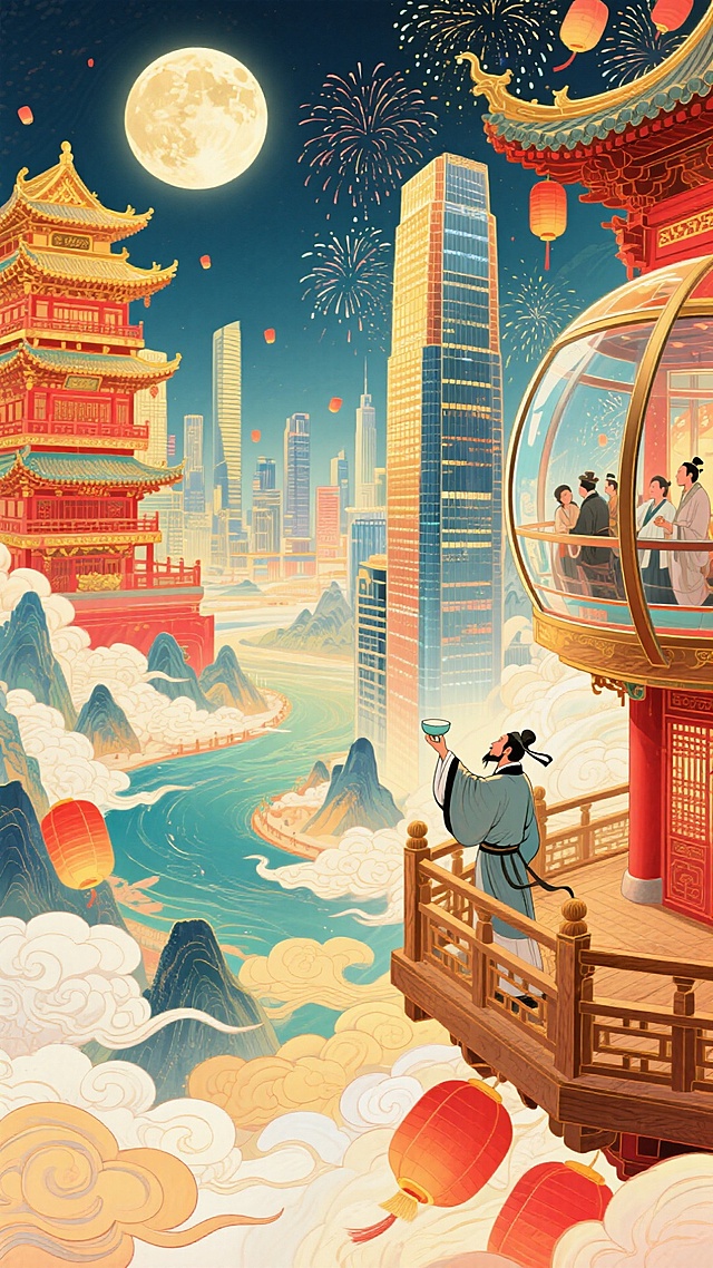 一侧，古代木质观景台，古代文人聚此，举着酒樽、凭栏望圆月、山河；另一侧，现代摩天楼高空观景舱，现代游客透过全景玻璃，赏烟花，背景古楼阁与城市高楼相融合，明月照。整体画面充斥着华丽的金色和喜庆的红色，奇幻色彩和光影变化，具有丰富的层次感和立体感，体现繁荣昌盛喜庆氛围，梦幻的大透视