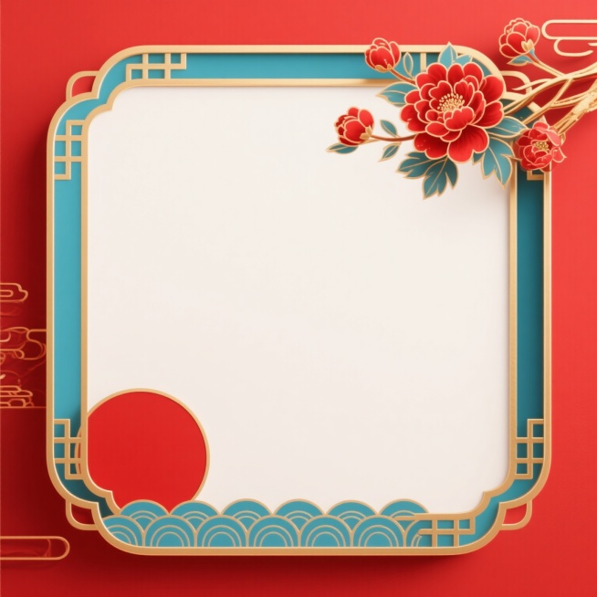 国潮风格背景，以正红色为主色调，搭配金色描边和青蓝色装饰块，整体呈现出喜庆、典雅的氛围。画面中央为大面积留白区域，四周有传统中式边框装饰，右上角点缀盛开的红色花朵图案，左下角有一个圆形红色元素，底部有青蓝色的波浪形装饰条，所有元素边缘均有精致的金色线条勾勒，色彩鲜明对比强烈，具有浓厚的中国传统节日气息和现代设计感，构图对称平衡，留白充足，视觉层级清晰，营造出庄重而不失灵动的国潮视觉效果。预览效果