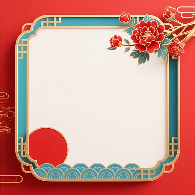 国潮风格背景，以正红色为主色调，搭配金色描边和青蓝色装饰块，整体呈现出喜庆、典雅的氛围。画面中央为大面积留白区域，四周有传统中式边框装饰，右上角点缀盛开的红色花朵图案，左下角有一个圆形红色元素，底部有青蓝色的波浪形装饰条，所有元素边缘均有精致的金色线条勾勒，色彩鲜明对比强烈，具有浓厚的中国传统节日气息和现代设计感，构图对称平衡，留白充足，视觉层级清晰，营造出庄重而不失灵动的国潮视觉效果。