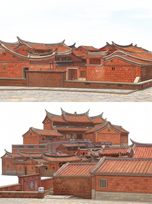 去掉画面里所有绿植，去掉蓝天背景，只保留泉州晋江梧林传统村落的闽南红砖古厝建筑群，保持插画风格，保留建筑原有布局和结构，整体简洁干净，建筑细节清晰预览效果