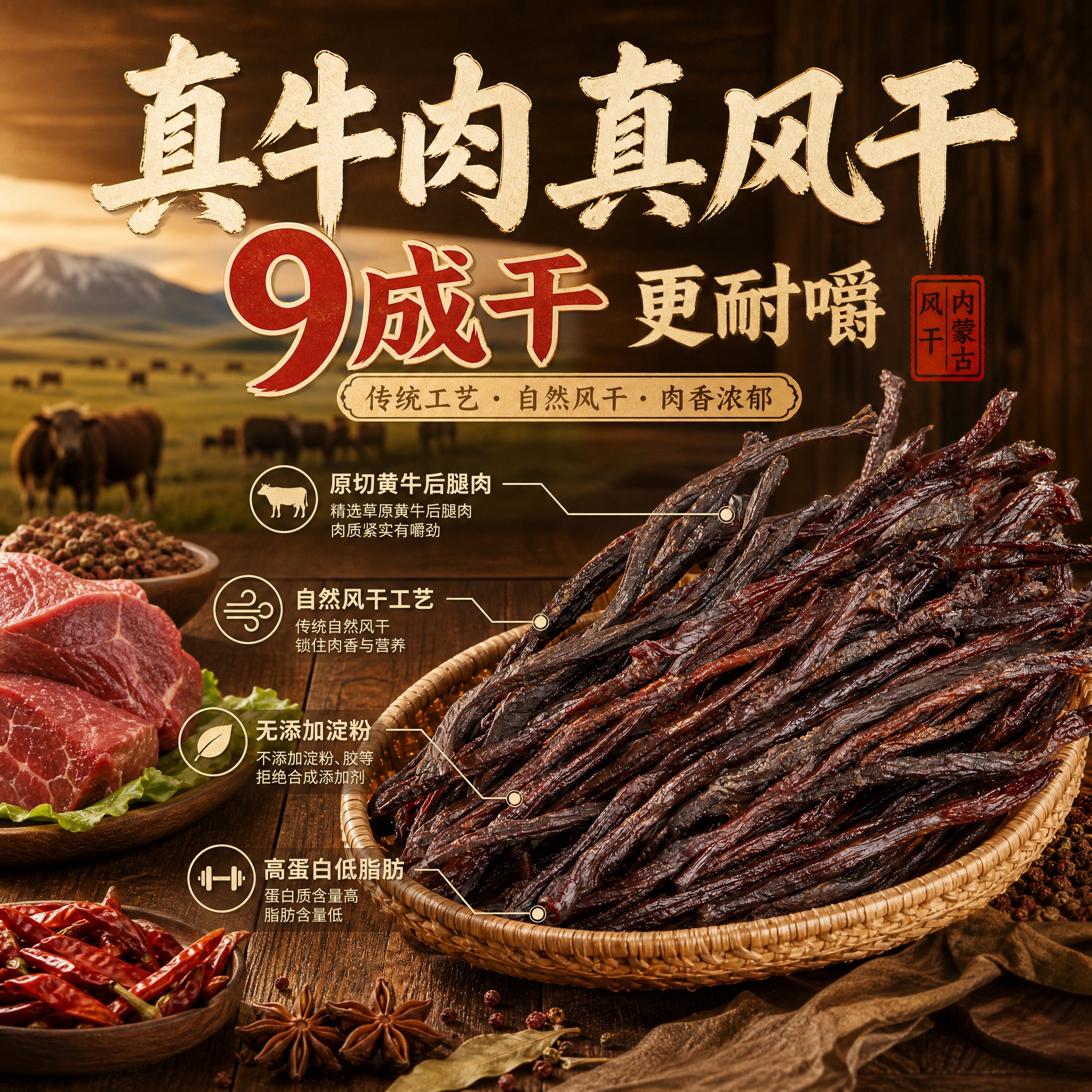 [主图-2] 核心亮点与溯源，展示风干牛肉干的原料与传统工艺信… - 图片创意预览