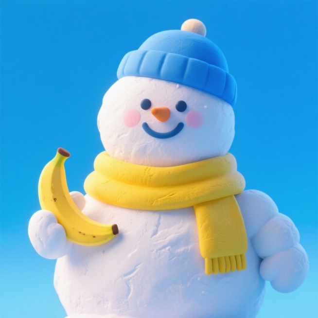 一个萌系强壮的雪人形象。它戴着蓝色帽子，系着黄色围巾，面带微笑，手里拿着香蕉。蓝色渐变背景。预览效果