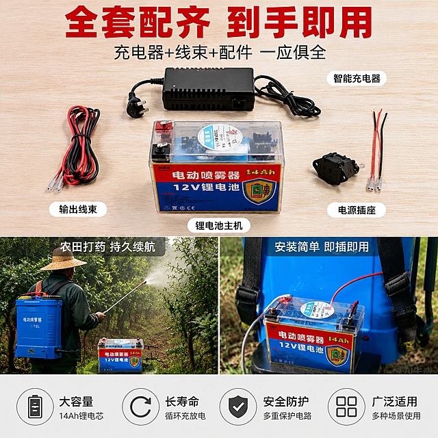[主图-3] 电动喷雾器12V锂电池套装配件与适用场景图
[氛围风格] 实用场景风 暖灰色工作台背景 真实使用感
[画质] 商业摄影质感 光线自然 产品真实清晰 细节丰富
[元素] 画面上半部分为套装全家福Knolling平铺陈列：透明锂电池主机居中 上方黑色充电器 左侧红黑连接线束 右侧电源插座与开关配件 所有配件整齐排列在浅木纹工作台上。画面下半部分为左右两个使用场景小图：左图展示电动喷雾器在农田/果园中使用的场景 喷雾器连接锂电池 农民正在打药作业；右图展示锂电池安装在喷雾器上的特写 接线清晰。保持锂电池产品外观与输入图一致 杜绝变形色差。
[光影] 上方套装区采用顶部均匀柔光 阴影柔和自然；下方场景图采用户外自然光感 明亮通透。整体光影统一 暖色调。
[配色] 主色暖灰+浅木色背景 辅色绿色（农田场景点缀 占比<15%） 强调色红色（标题重点） 卡片用白色底深灰字
[视角构图] 上下分栏构图 上半部分占60%展示套装 下半部分占40%左右双场景 整体满版 信息丰富
[文字版式] 顶部大标题"全套配齐 到手即用" 红色粗体大字 副标题"充电器+线束+配件 一应俱全" 深灰色中号。套装区各配件旁有小标签标注："锂电池主机""智能充电器""输出线束""电源插座" 白色底黑色字圆角小标签。下方两个场景图上方各有标题：左"农田打药 持久续航" 右"安装简单 即插即用" 白色字加半透明黑底条。底部通栏浅灰色条 内有四个卖点图标+文字："大容量""长寿命""安全防护""广泛适用"。全部中文 清晰可读 不遮挡主体。
[输出要求] 1:1比例 文字清晰锐利 超高清商业摄影质感
[负向提示词] 变形 文字错乱 产品模糊 背景杂乱 水印 电商平台Logo 人物面部扭曲 多余手指