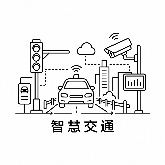 参考图中的简约黑色线稿风格，生成智慧交通主题图标，包含智能汽车、交通信号灯、道路、智慧监控等智慧交通元素，底部文字为“智慧交通”，保持白底黑线的简约线描风格，整体构图平衡美观