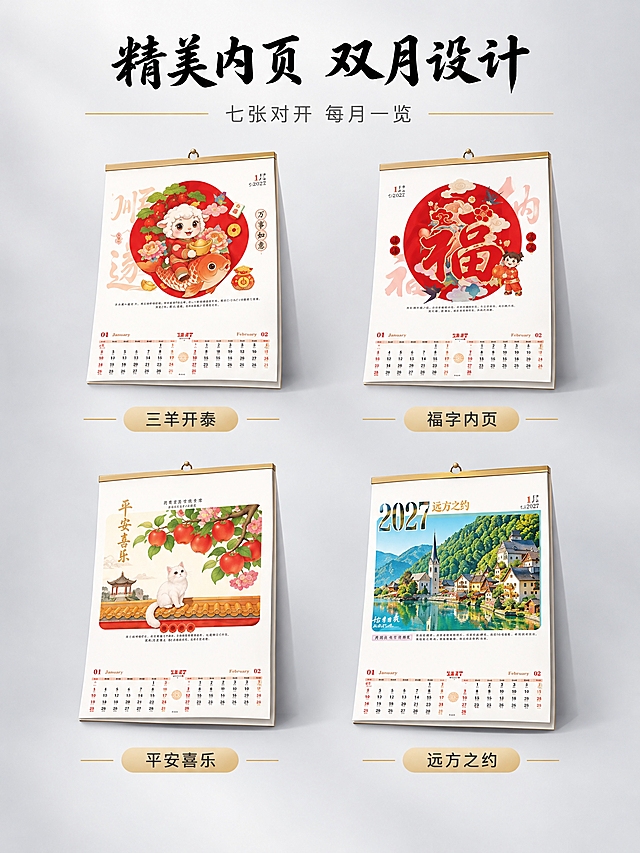 [商品] 使用4张内页图：三羊开泰内页、福字内页、平安喜乐内页、远方之约内页；保留内页的双月历布局、插画、日期排版等全部内容。
[画面] 内页展示，目标：七张双月历内页展示。2x2宫格拼图型构图，四款不同内页样式分四格展示，每格都是挂历翻开状态展示内页，45度视角。四格间距均匀，整体居中。每格下方标注对应主题名称。背景浅灰色渐变，简洁干净。
[视觉] 套系策略：风格=简约高端商业摄影；标题字=大气书法体（黑色）；正文字=现代黑体（深灰色）；主色=黑白灰；背景延展=浅灰渐变；强调色=金色，用于分隔线和标签；标题色=黑色；正文色=深灰色；组件=细金色分割线、圆角主题标签；光影=每格内页统一柔光，整体光影协调。
[文字] 画面顶部主标题"精美内页 双月设计"黑色大字；副标题"七张对开 每月一览"灰色小字；每格内页下方深灰色主题名称。
[规格] 比例3:4竖版，2K分辨率，避免变形、错字、模糊、内页内容错乱。