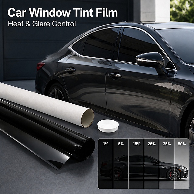 [单张1:1亚马逊电商主图] 商品：汽车车窗贴膜 Car Window Tint Film。去除左下角的黄色塑料铲子，同时删除左下角的“Random color scraper”文字，保留所有原有其他内容，保留黑色汽车、两卷窗膜、白色小圆盒和右下角不同透光率对比示意图，保留顶部标题文字“Car Window Tint Film Heat & Glare Control”，保持产品外观、颜色、结构与原产品图一致，不改变产品透视和光影，原构图不变，填补删除区域后与原图背景自然融合，专业商业摄影质感，画面干净高级，光线柔和通透，产品清晰真实，文字清晰可读，适配亚马逊跨境平台规范，1:1正方形比例，超高清商业摄影质感。负向提示词：变形，文字错乱，产品模糊，背景杂乱，水印，错误结构，色差。