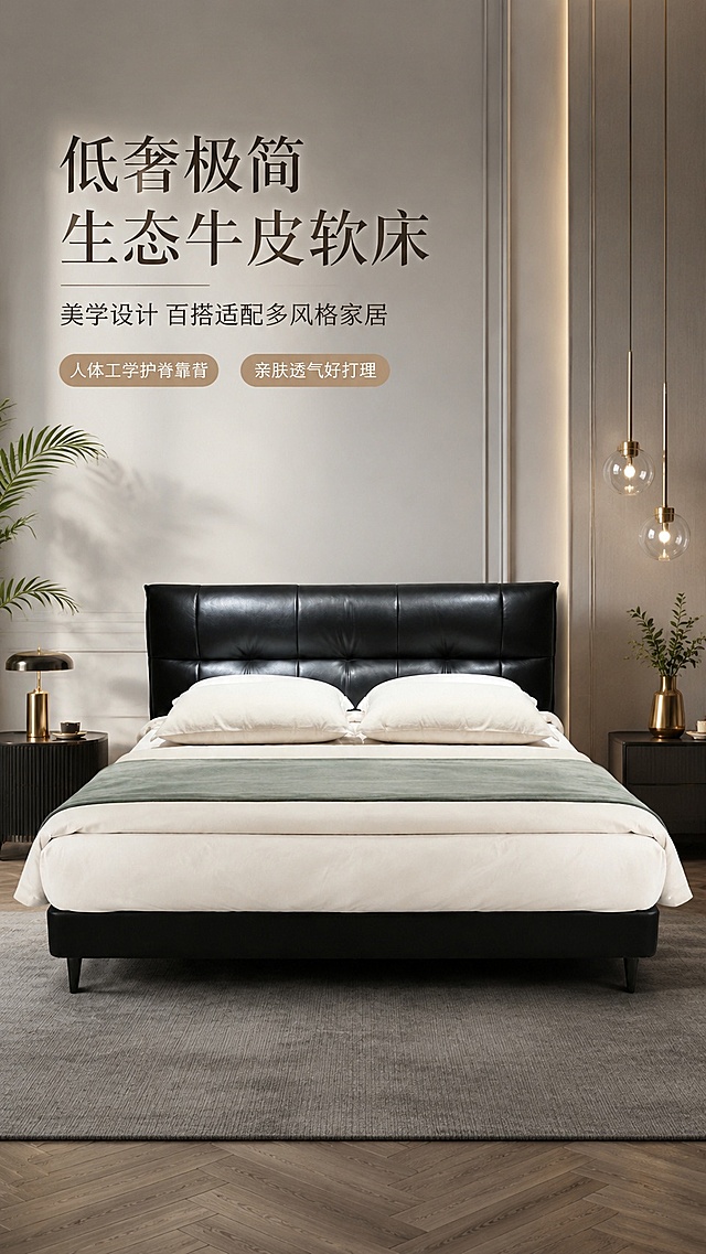 [第1屏] 详情页头图-皮软床低奢极简风格宣传海报。本屏使用【图1】作为商品主体。
[氛围/风格] 高级奢华卧室场景，低奢极简风，商业实景摄影质感，空间搭配丰富高级。
[元素布局] 皮软床放置在卧室视觉中心，占画面约70%，空间搭配地毯、床头柜、艺术吊灯、装饰绿植等软装元素，保留原产品皮床外观轮廓、尺寸比例、黑色皮质颜色完全一致，不改变产品结构。
[光影质感] 柔和侧顶光照明，空间层次感分明，产品皮革光泽自然柔和，底部投下自然阴影，整体画面通透高级。
[配色色系] 全局底色#f0f0f0；主色黑色床体+米白软装；辅助色浅灰墙面、深灰地毯，金色金属装饰点缀。
[视角构图] 正面平视视角，产品为绝对视觉中心，阅读动线从上到下，标题区在左上，产品在中间。
[文字版式] 左上标题区域，主标题「低奢极简 生态牛皮软床」，使用有设计感的艺术字体，副标题「美学设计 百搭适配多风格家居」，下方两个卖点胶囊标签「人体工学护脊靠背」「亲肤透气好打理」，文字不遮挡产品主体，文字清晰可辨。
[比例分辨率] 9:16竖版比例，4K分辨率，高清画质。
[负向提示词] 产品变形，颜色偏差，结构错误，文字错乱，文字过小，水印，人物，多余卖点，内部结构展示