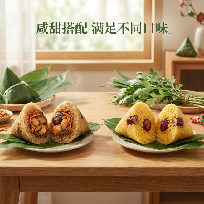 [主图 4] 咸甜搭配丰富口感场景展示。[氛围风格] 温馨居家端午氛围，高端舒适；[画质] 商业摄影质感、光线柔和通透、产品清晰真实、画面干净高级。[元素] 画框式构图，左侧放咸口的虫草花香菇鸡肉粽切预览效果