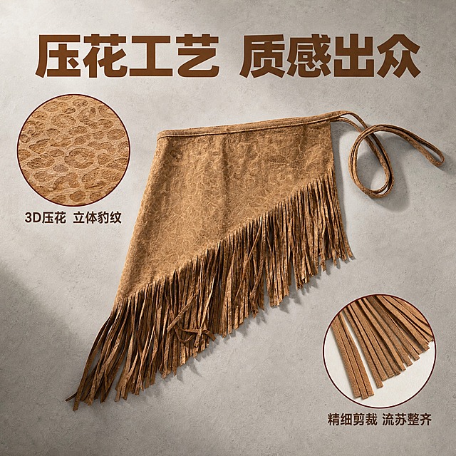 [主图-2] 浅驼色豹纹压花流苏腰裙（斜角款） 工艺细节展示。
[统一基调] 1688 B端工厂风格，驼色+米白色主色调，工业风背景，粗黑体大字标题，辅助文字简洁清晰，整体传递源头厂家、专业定制、品质可靠的视觉感受。
[画面] 浅驼色豹纹压花麂皮绒流苏腰裙（斜角款）斜侧角度摆放，流苏斜边朝向观众，腰带系带自然卷曲，产品占画面约55%。背景为浅灰色工业风工作台面，左侧有放大的压花纹理细节圆形插图，展示豹纹压花的凹凸质感。画面右下角有流苏剪裁特写小图，展示流苏整齐的切口。
[光影质感] 侧光突出压花纹理的立体感，麂皮绒绒面质感清晰，流苏垂坠感自然，产品边缘有柔和轮廓光，整体光影层次丰富。
[配色] 背景浅灰米色，标题驼棕色，细节图标边框暗红色，产品浅驼色调为主。
[文字版式] 画面顶部大标题"压花工艺 质感出众"，驼棕色粗黑体；左侧细节图下方标注"3D压花 立体豹纹"；右下角标注"精细剪裁 流苏整齐"；文字均放在负空间，不遮挡产品。
[输出要求] 1:1正方形，2048×2048，产品清晰不变形，压花纹理细节可见，文字清晰，无水印无平台Logo。