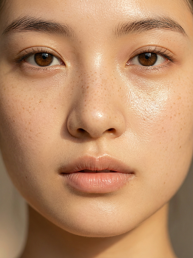 特写镜头下的女性脸部，柔和自然的光线从斜上方照射， 显示全脸，正脸，营造出温暖细腻的氛围，展现出极其真实的皮肤质感，肌肤表面可见自然的细小毛孔、淡淡的雀斑和健康的光泽，呈现出通透、水润、光滑且富有弹性的理想状态，眼周肌肤细腻紧致，眉毛自然舒展，嘴唇呈现自然的淡粉色，整体画面聚焦于完美无瑕的肌肤，突出皮肤的纯净与健康之美，采用高清晰度的写实摄影风格，色调以温暖的米杏色为主，光影过渡柔和自然，构图简洁大方，背景虚化处理以突出主体皮肤的质感和细节。