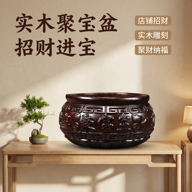 [主图-1] 空间氛围呈现-实木雕刻聚宝盆招财摆件首图
[氛围风格] 新中式客厅玄关温馨高级氛围感
[画质] 商业摄影质感、光线柔和通透、产品清晰真实、画面干净高级
[元素] 实木雕刻聚宝盆放置在中式预览效果