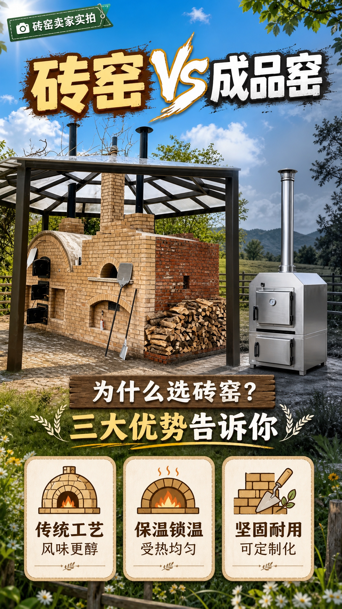 基于上传的砖窑实物图制作竖版视频封面海报，9:16比例，田园风… - 图片创意预览
