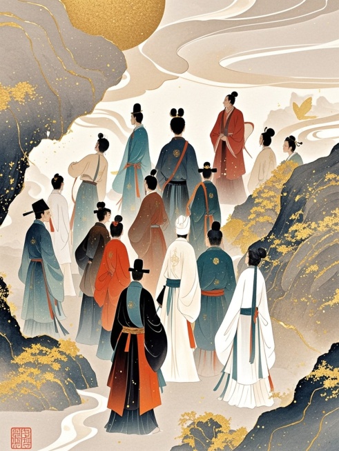 唐朝，彩色水墨人影，极简，意境，禅意预览效果