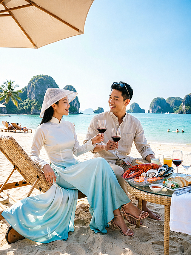 杰作级高定旅游海报，高端旅拍摄影，中国高颜值年轻时尚情侣作为前景，8K超清，国际杂志封面级完成度，无文字无水印，低视角略俯或仰拍，人物占画面主体约50%-60%，突出人物同时完整呈现远景，天空占画面近一半广阔留白，天空清透湛蓝、海天一色。海水透明渐变，由浅至深通透蓝绿层次，浅水区晶莹可见沙底，远处过渡为深蓝，阳光下海面闪烁细碎微光，沙滩洁净细腻自然温暖，画面纵深层次丰富。女主半侧身坐在高端藤编浅木质躺椅上，身体轻轻向后仰或微旋，长裙随海风夸张飞扬到前景，形成旅拍婚纱式大裙摆动态弧线，前景轻微虚化，抓拍瞬间感，一手搭在躺椅扶手上，另一手轻握红酒杯，望向男主，微笑不露齿，自信高级轻松度假气质，身穿高定越南传统Áo dài奥黛装，经典修身长袍搭轻盈长裙裤，面料丝滑飘逸，颜色象牙白渐变浅湖蓝色，阳光下带丝绸光泽，裙摆轻薄半透被海风扬起形成优雅弧线，脚踩裸色细带高跟凉鞋，头戴半透精致越南帽Non La，可透光，无脖绳，姿势舒展自然。男主坐在躺椅边缘微侧身，手轻扶桌边或拿红酒杯，红酒满杯，墨镜插在头顶呈时尚帅气感，无胡子，微笑看向女主，眼神交流自然互动，身穿高定浅米白亚麻立领衬衫搭浅卡其色休闲长裤，整体风格简洁清爽，呼应女主奥黛装的高级度假气质，与海滩度假环境和谐融合。两人两手轻碰酒杯或手指微触，身体略向彼此倾斜，目光交流形成优雅互动感，呈封面级高级杂志效果。沙滩旁高级藤编或浅木质小圆桌，桌面搭配玻璃或金属托盘，以整只或半只澳洲龙虾冷盘为中心，周围堆放对虾、生蚝、扇贝、青口贝、甜虾，形成高低错落海鲜山，冰块闪光，加入越南春卷、米纸卷、Bánh mì切片拼盘与特色蘸酱，托盘分层叠放，透明果汁杯与高脚杯错落陈列，小刀小叉自然交叠，白色轻纱毛巾随意搭在桌角，整体丰盛饱满、层次丰富但干净高级。画面一侧加入半透高级遮阳伞，柔和米色或象牙白，轻微透光形成柔和光影，增加度假高级感且不遮挡主体。远景完整呈现Ha Long Bay层叠喀斯特群峰，海水透明延伸至地平线，远处沙滩零星点缀椰树，海上少量游客玩水，沙滩零星躺椅增加生活气息但不干扰主体；光线明亮自然，裙摆随风飘逸弧线，色彩清爽高级，整体氛围奢华度假、高级清新、自由向往，男女眼神交流，画面纵深丰富