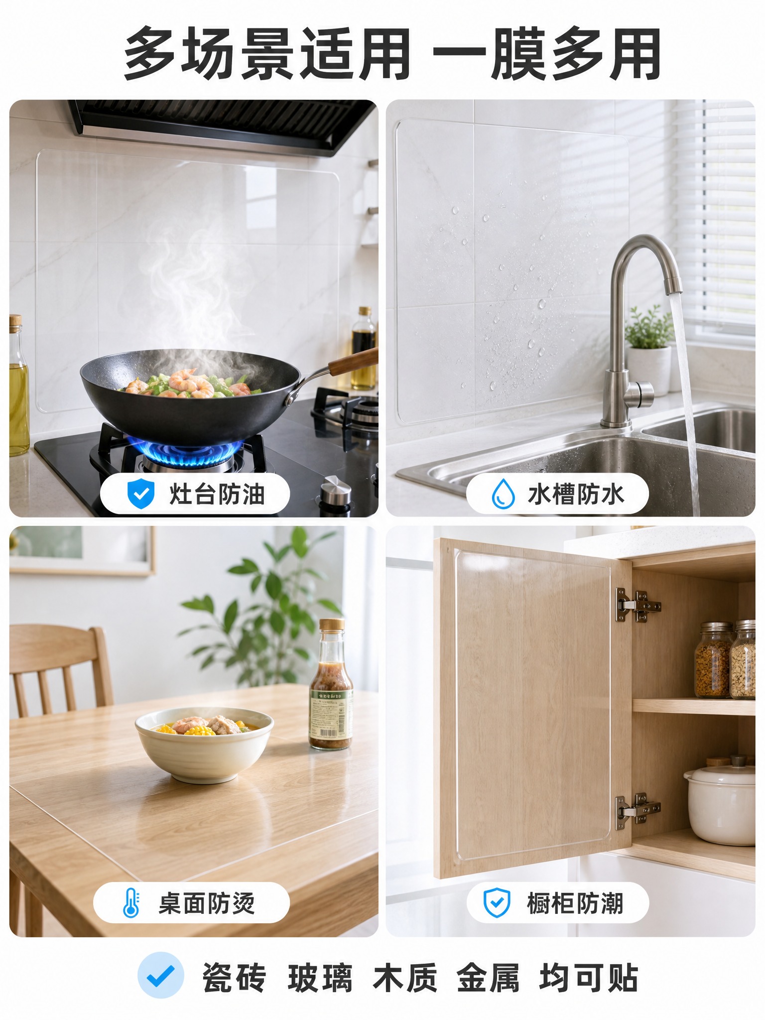 [主图-4] 厨房防油贴膜 多场景适用 场景宫格图。展示产品在… - 图片创意预览