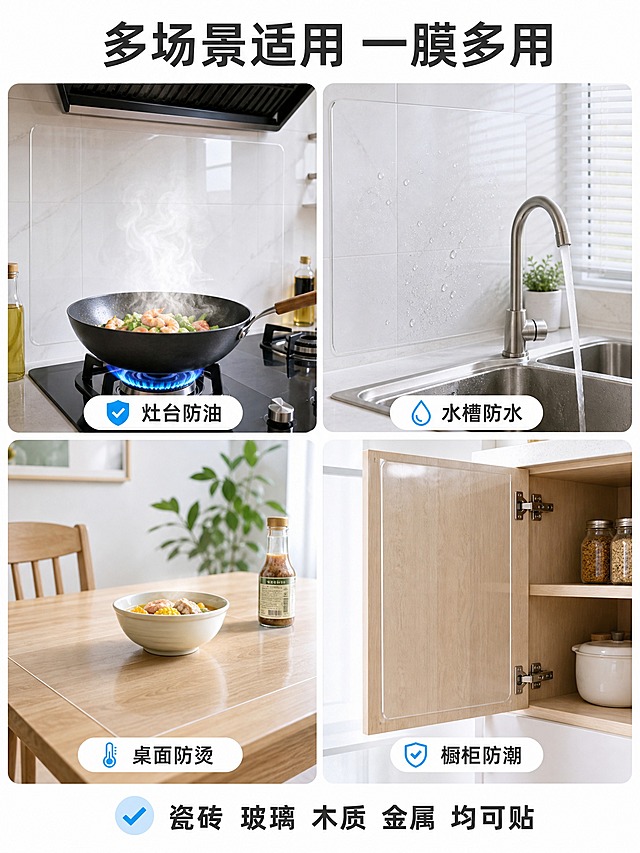 [主图-4] 厨房防油贴膜 多场景适用 场景宫格图。展示产品在厨房不同区域及其他家居场景的广泛适用性，突出多用价值。
[统一基调] 淘宝/天猫专业品质风格，洁净生活、明亮自然光、高亮通透、真实家庭场景、实用主义、清爽秩序感；背景主色为白色+浅灰+清透蓝绿点缀，标题字色为深灰近黑，辅助字色为中灰，强调色为清透蓝，字体为现代无衬线粗体，字号层级分明，卡片与图标采用圆角轻量样式。
[画面] 画面采用2x2四宫格布局，每格展示一个不同使用场景，均为真实家居场景，产品为同款高透明厨房防油贴膜。左上格：灶台后方墙面，贴膜贴在瓷砖上防油污，旁边有炒锅正在炒菜有油烟升腾；右上格：厨房水槽后方墙面，贴膜贴在瓷砖上防水渍飞溅，水龙头正在出水有水滴；左下格：餐厅餐桌桌面，贴膜贴在木质桌面上防烫防油污，桌上有热汤碗和酱料瓶；右下格：橱柜柜门内侧，贴膜贴在柜门内侧防潮防污，柜门半开可见内部收纳。四个场景均为真实家庭环境，明亮整洁，贴膜透明隐形几乎不可见但有细微边缘高光提示存在。
[光影质感] 商业摄影质感，每个格子都是独立真实场景光照，整体统一明亮自然光调，贴膜在各场景中均有细微高光体现存在但不突兀，场景真实有生活感。
[配色] 整体白色+浅木色+清透蓝绿点缀，各场景色调统一协调，无强烈色块冲突，保持洁净温馨家居氛围。
[文字版式] 顶部大标题："多场景适用 一膜多用"；每个宫格下方有短标签："灶台防油""水槽防水""桌面防烫""橱柜防潮"；底部补充："瓷砖 玻璃 木质 金属 均可贴"；文字不遮挡场景主体；字体为现代无衬线粗体。
[输出要求] 比例3:4，文字清晰可读，四个场景区分明确，贴膜在各场景中自然贴合，场景真实；负向：变形、错字、模糊、杂乱、水印、平台Logo、场景重复、贴膜明显突兀、宫格分割线粗重。