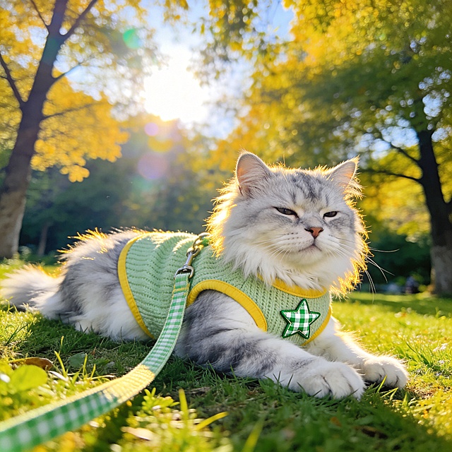生成银渐层小猫宠物写真，元气明媚春日风格，高明度暖调，以黄绿色为主，色彩浓郁鲜活，明亮的阳光穿透感，侧逆光勾勒金边，广角中景带入更多环境元素，氛围元气满满生机勃勃。主体是一只可爱的英短银渐层小猫，毛发蓬松柔软灰白渐变，小猫表情温顺慵懒，正悠闲地趴在草地上。小猫穿着用户参考图中的衣服：浅绿色针织背心，黄色包边，胸前装饰绿白格纹星星，搭配同风格牵引绳。场景是户外翠绿草地上，远处有树木，阳光透过树叶洒下光斑，分辨率4k，电影级光影质感，商业宠物摄影级别。