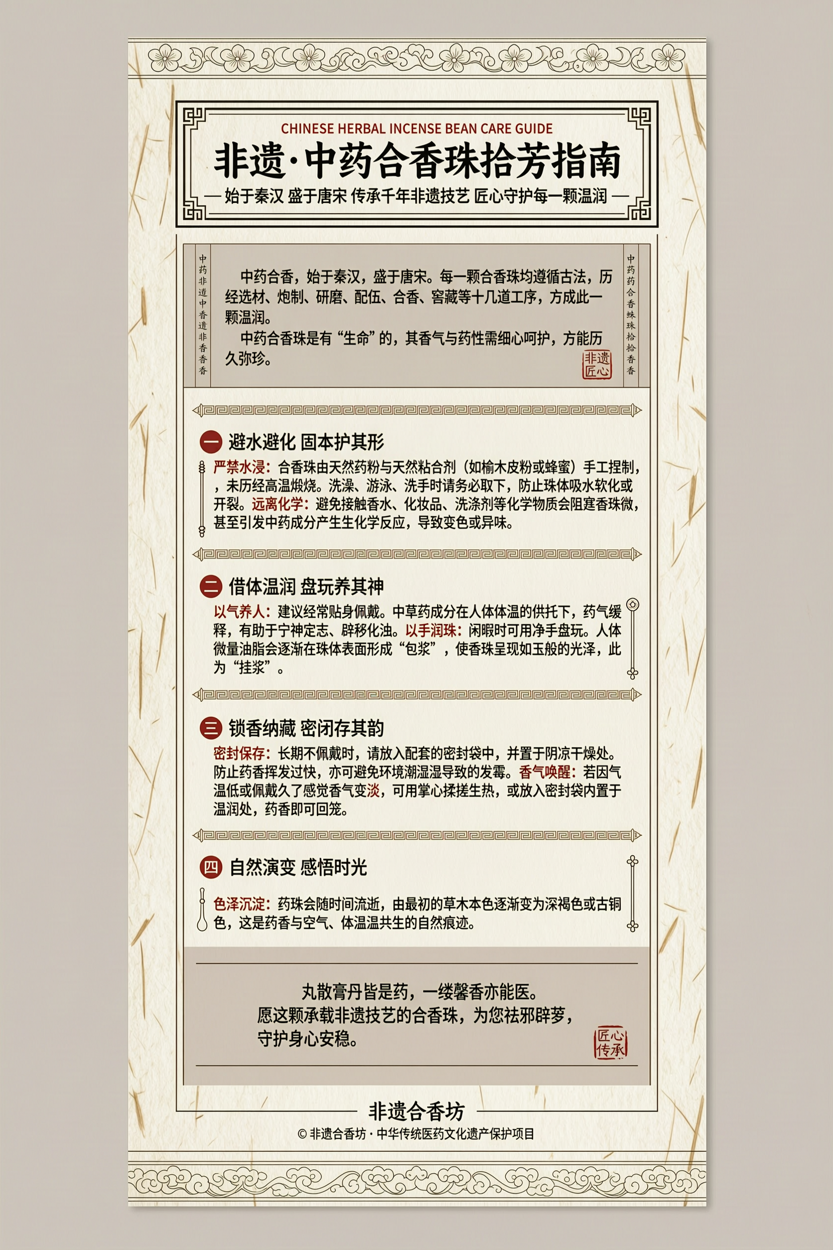 中药合香珠养护卡片，主题为"非遗·中药合香珠"拾芳指南，中式国… - 图片创意预览