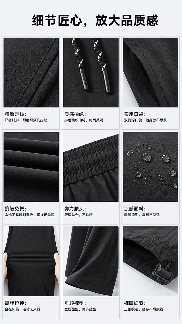 [第6屏] 详情页细节匠心模块，夏季凉感高弹休闲裤工艺细节九宫格展示。
[氛围/风格] 精致质感风，干净简洁，微距清晰，高级商业摄影质感。
[元素布局] 标题放在顶部，下方排列九宫格细节特写，每个格子展示一个细节：1.精致走线 2.拼色编织抽绳 3.双侧实用深口袋 4抗皱免烫效果，保持每个细节的结构、颜色和材质与【图1】一致，每个格子都用浅色细线边框分割，布局整齐不拥挤。
[光影质感] 每个细节区域光线均匀清晰，微距特写质感突出，针脚和纹理清晰可见，整体明暗一致。
[配色色系] 全局底色：#f1f5f9（浅冷灰）；主体配色：黑色裤子细节；辅助色：浅灰边框+黑色文字。
[视角构图] 上标题下九宫格构图，3行3列均匀排列，9:16竖版构图。
[文字版式] 顶部主标题「细节匠心，放大品质感」黑色加粗无衬线，每个细节格子下方标注对应文字：「精致走线：严密针脚，耐磨耐穿抗拉扯」「质感抽绳：拼色编织抽绳，时尚美观」「实用口袋：双侧深口袋，随身放不累赘」「抗皱免烫：水洗不易起球褪色，揉搓仍垂顺」，字体大小适中，文字在格子下方，不遮挡细节。
[比例分辨率] 9:16竖版比例，4K分辨率，文字清晰可辨，超高清。
[负向提示词] 细节变形，结构错误，颜色偏差，文字错乱，水印，背景杂乱。