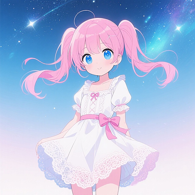 一个可爱的动漫风格女孩，粉色双马尾，蓝色大眼睛，穿着白色蕾丝连衣裙，裙摆有粉色蝴蝶结，背景是梦幻的星空，整体画面色彩明亮柔和，细节丰富