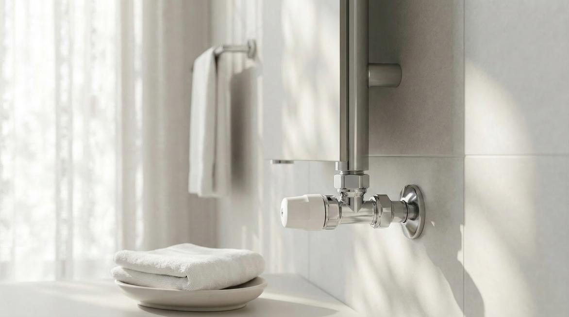 商品场景图，主体为白色散热器阀门盖，保持原产品主体物理结构和特征不变，适配现代卫生间场景。商业高调摄影，柔和漫射光透过透光窗帘，采用经典侧逆光勾勒轮廓，柔光补光照亮暗部细节，画面为前中后景层次，三分法预览效果