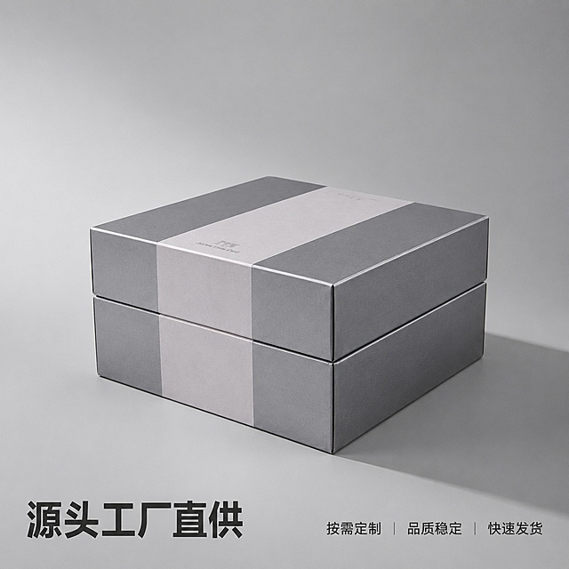 [主图-5] 成品整体展示图，对角线动势版式。
[氛围风格] 完整成品展示，源头工厂质感，专业商务
[画质] 商业摄影质感、光线柔和通透、产品清晰真实、画面干净高级
[元素] 折叠组装完成的天地盖礼盒沿对角线动势摆放，展示完整成品闭合效果，保持折叠天地盖礼盒外观、物理结构、材质质感、颜色与输入产品图绝对一致，杜绝任何变形和色差，精细化处理。商品主体占比70%左右，背景浅灰干净。
[光影] 侧前方主光，轮廓清晰，阴影自然，突出纸板材质质感
[配色] 浅灰背景，产品原灰银条纹配色
[视角构图] 对角线斜侧视角，成品完整展示，不裁切，画面高级有动感
[文字版式] 左下角大标题："源头工厂直供"，右下角三个短句卖点：按需定制 品质稳定 快速发货，文字排版疏密得当，不遮挡产品主体
[输出要求] 1:1 正方形，文字清晰可辨，超高清商业摄影质感
[负向提示词] 变形，文字错乱，产品图模糊，背景杂乱，水印，电商平台Logo