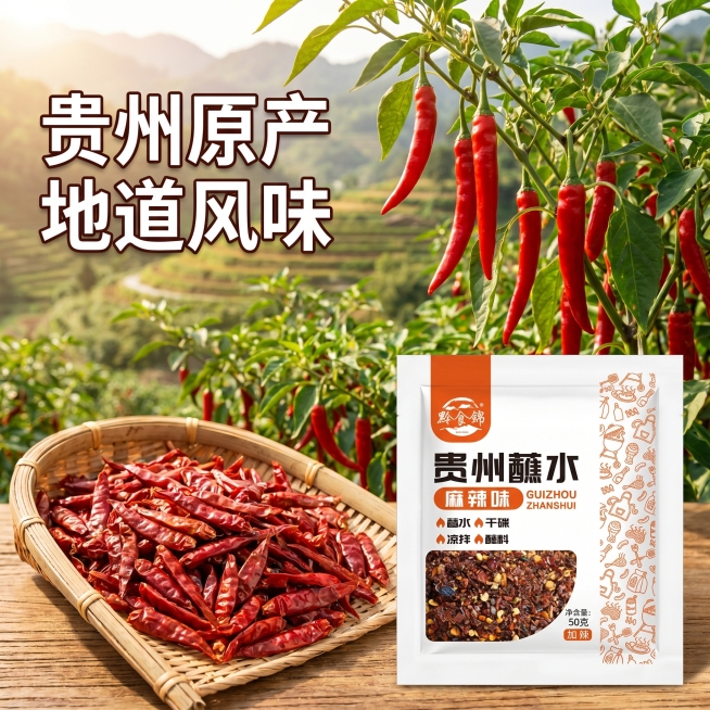 [主图-6] 产地展示主图，贵州原产辣椒原料展示。
[氛围风格] 原生态产地氛围，突出优质原料；
[画质] 高清自然摄影，真实通透，细节丰富。
[元素] 贵州山区辣椒种植园背景，成熟鲜红的辣椒挂在枝头预览效果