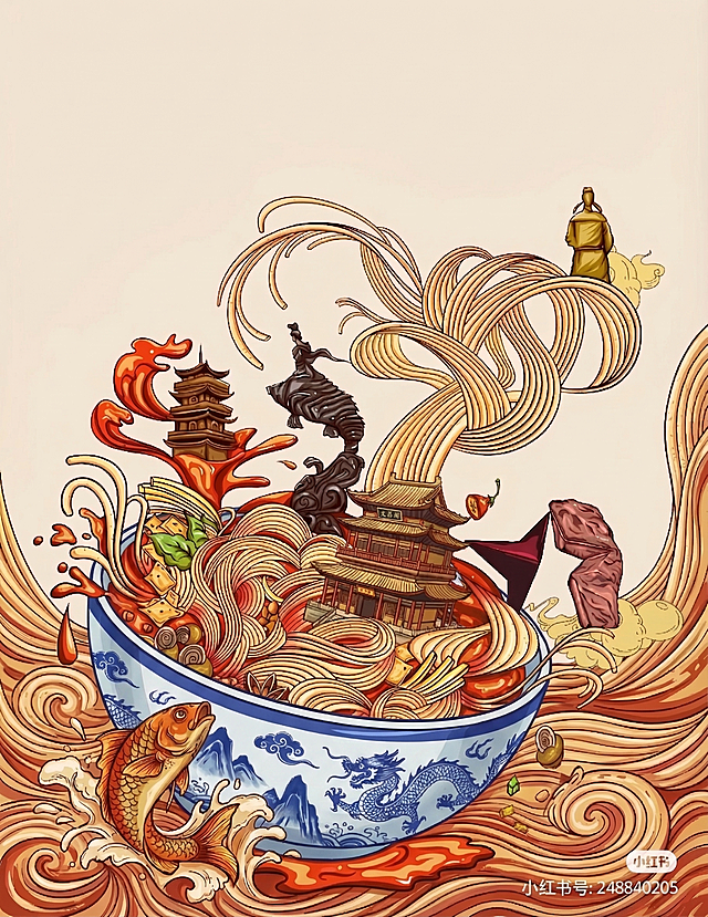 将之前画面的面碗替换为新上传图片的青花瓷牛肉面碗，保留下方鄱阳湖、左下方鳜鱼和碗中文昌阁，保持国潮插画风格统一，整体色调构图不变