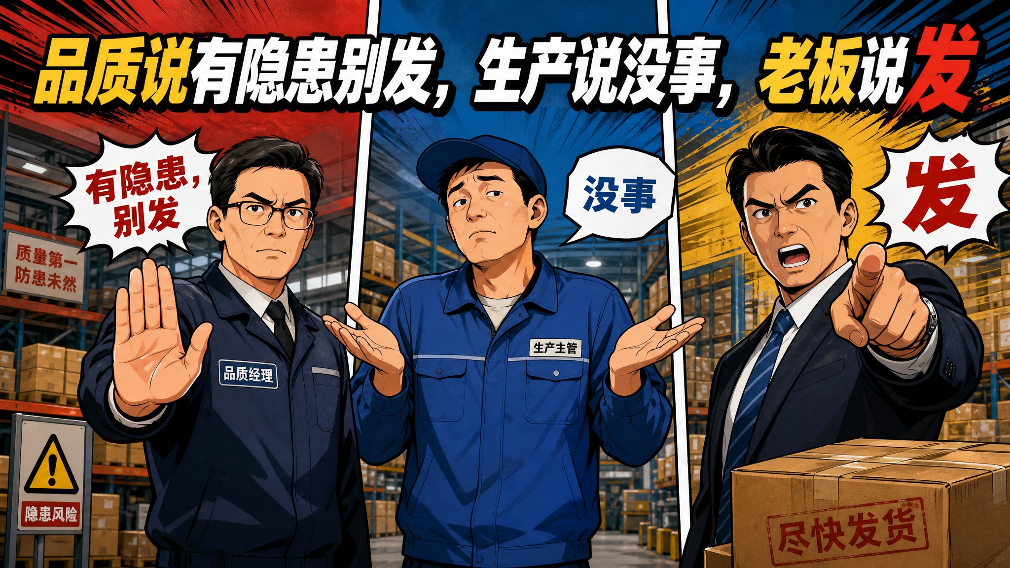微信公众号封面图，职场冲突主题，三个人物分三栏并排站立，左边是… - 图片创意预览