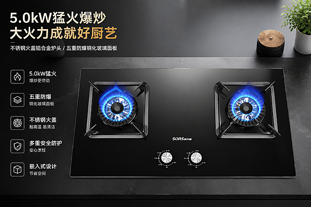 生成这款嵌入式家用燃气灶具的商品主图，保留原图灶具主体结构，五重防爆钢化玻璃面板，5.0kW猛火，不锈钢火盖铝合金炉头，设计简约大气，适配现代厨房风格