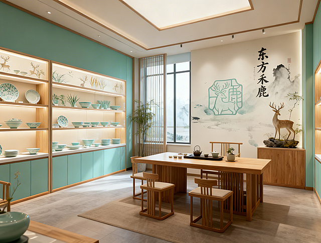 高端新中式餐具品牌「东方禾鹿」，极简东方禅意风，青瓷色+原木色主色调，暖柔灯光，大窗自然光，定制带背光展示柜陈列鹿纹、禾谷纹影青瓷餐具，线条简洁留白，原木家具，带「东方禾鹿」书法的水墨墙，鹿元素软装，品茶区，无杂乱，雅致高级，东方美学，商业空间摄影，广角镜头，高级质感，无变形无模糊，生成一个新的店铺室内不同角度
