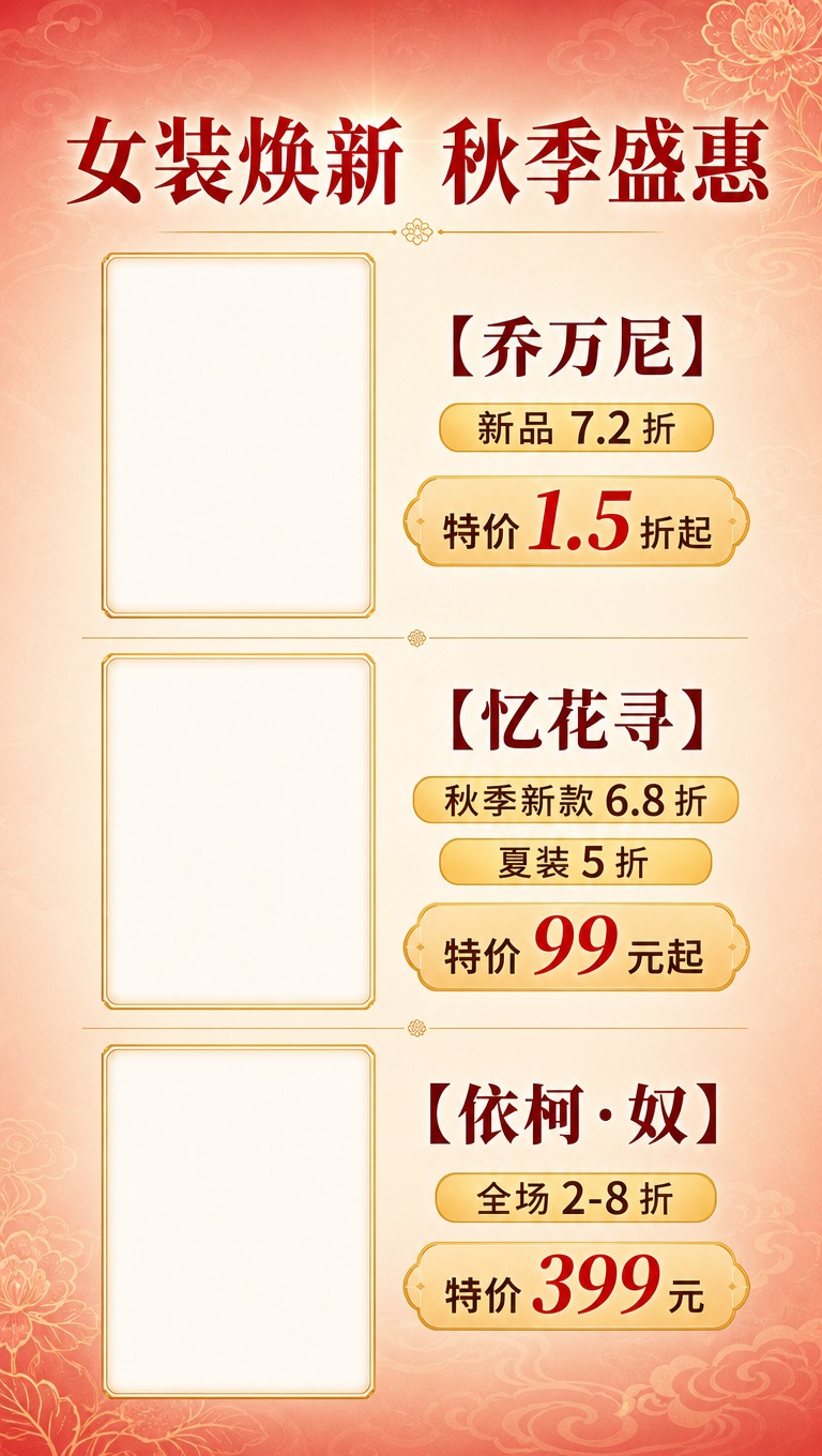 [商品] 女装品牌折扣展示，需为3个品牌各预留竖版产品图位（空… - 图片创意预览