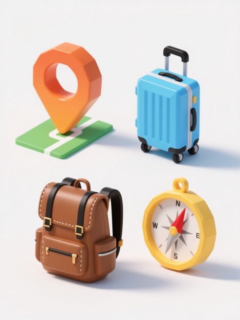四个旅行相关元素的3D图标集合，保持统一的低多边形风格、光滑表面质感和鲜艳色彩渐变，每个元素都有明显的阴影效果和立体感，背景为纯白色。从左到右、从上到下依次为：橙色定位标记图标放置在绿色地图路径上，蓝色行李箱图标带有黑色滚轮和把手，棕色皮质背包图标带有黑色背带和拉链，黄色指南针图标带有红色指针和刻度。所有图标大小一致，间距均匀，呈2x2网格规整排布。预览效果