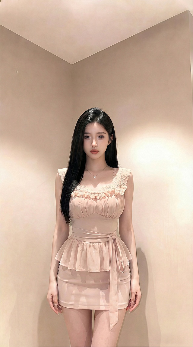 将图一图二的粉色蕾丝领收腰连衣裙穿搭换到图三人物身上，仅换穿搭，打造模特身材，腰细身材比例好，呈现半身画面，人物不拿包包，双手自然下垂，脖子佩戴精致项链，画面真实自然