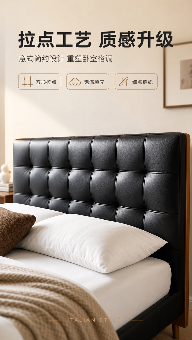 [商品] 使用【图1】黑色真皮软包床；保留床头方形拉点软包、黑… - 图片创意预览